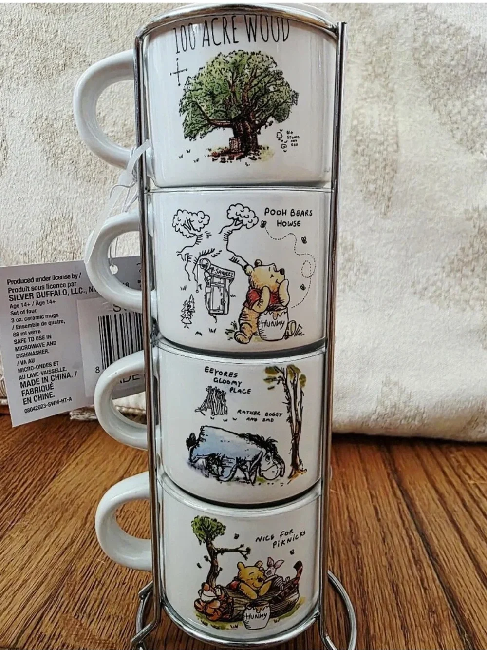 #3096**Disney Winnie the Pooh Stacked Ceramic Espresso Mugs in White and Green